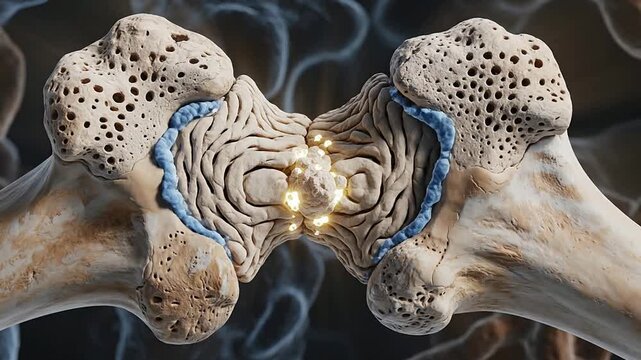 4K Detailed CGI Animation of Microscopic Callus Formation Between Two Bone Fragments Illustrating Cellular Healing Process