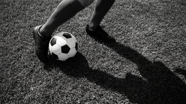 Soccer Player Feet on Ball Monochrome Long Shadow Grass Dramatic