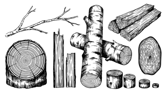 Wood Log and Timber Cut End Line Drawing Set with Detailed Rings, Bark Texture, and Cylindrical Pieces in Monochrome Sketch Style