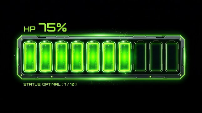 Futuristic health bar displaying 75% HP with glowing green segments and optimal.