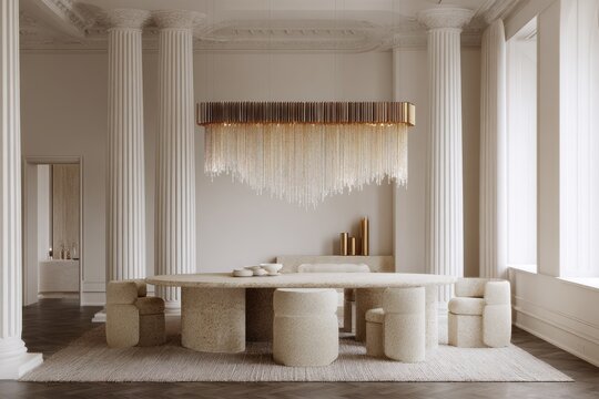 Elegant dining room features a large oval table with unique chairs and a crystal chandelier.