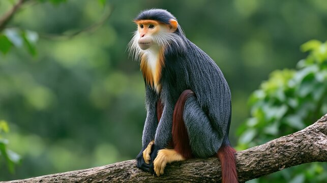 Red-shanked douc langur, a colorful primate, sits on a tree branch in a lush forest.