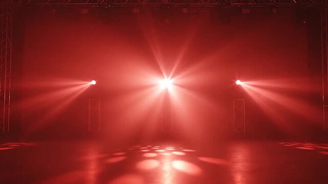 Bright red stage lights illuminate an empty performance area with atmospheric