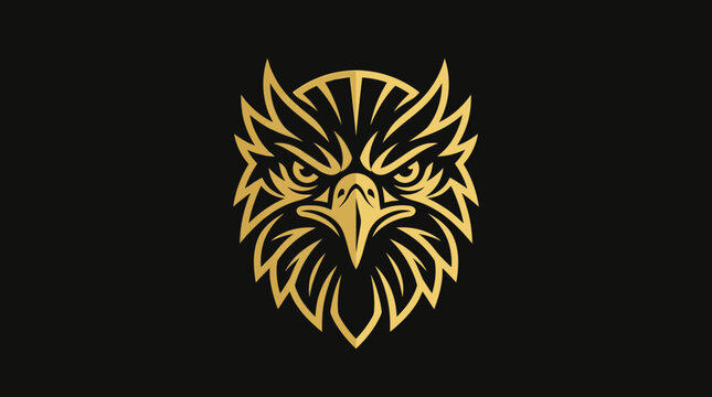Stylized golden eagle head front view logo design.