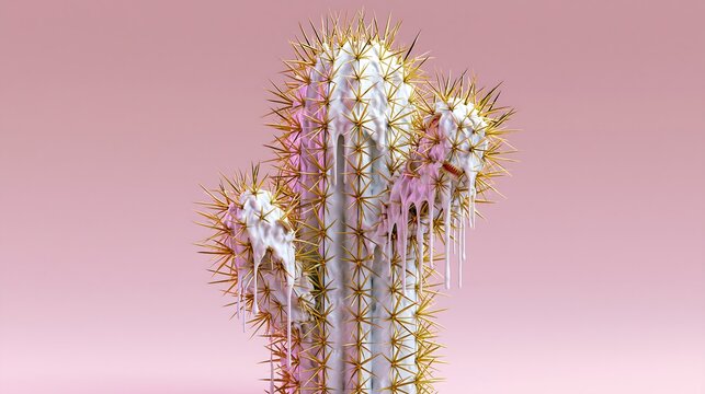 Large saguaro cactus with white frosting and golden spikes on a light pink.