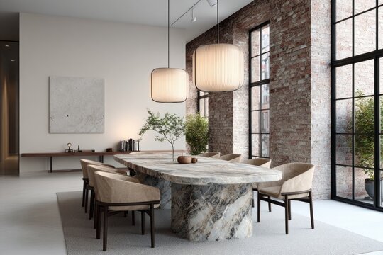 Modern dining room features a large marble table and plush chairs.