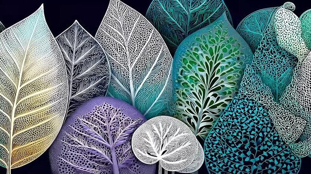 A vibrant collection of stylized leaves with intricate patterns and delicate