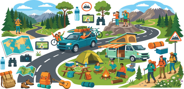 Outdoor camping road trip mountain hiking adventure and camper van vacation landscape illustration vector bundle