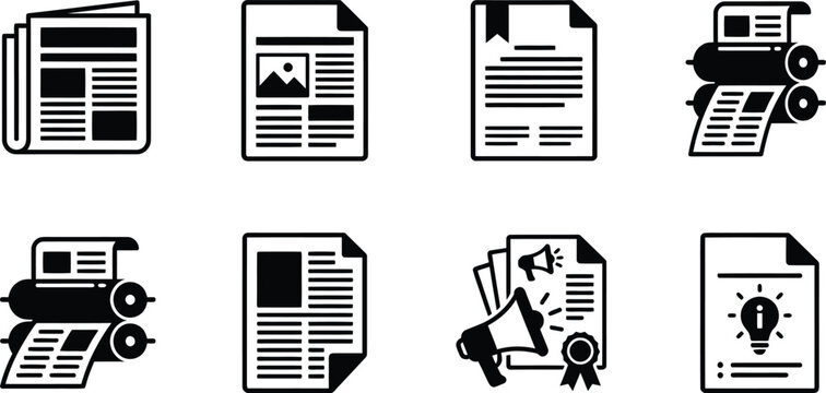 Print and publishing icons for media and news production.