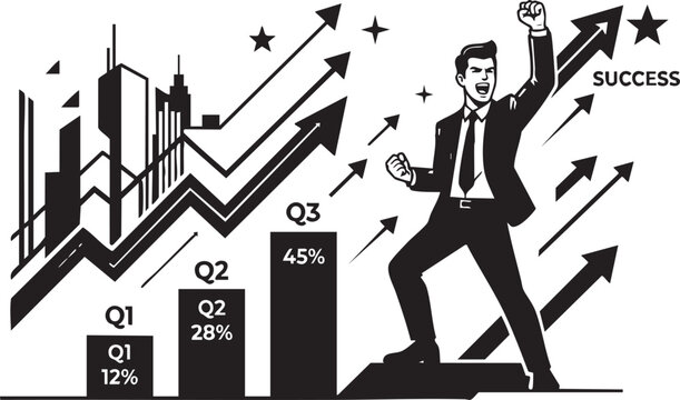 Businessman celebrating 45 percent quarterly growth success
