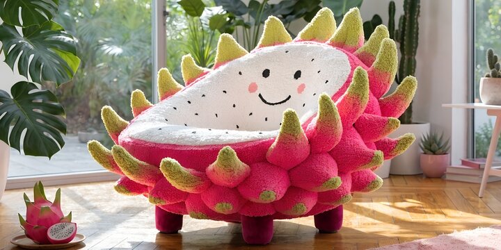 Kawaii Dragon Fruit Pitaya Shaped Boucle Armchair with Pink Scales Green Tips White Seeded Interior Smiley Face on Wooden Floor Sunlit Tropical Living Room