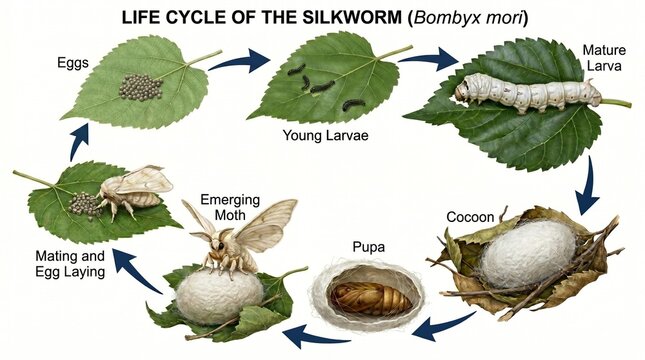 Life cycle of the silkworm Bombyx mori diagram, biological stages of silkworm development from egg to moth, educational insect metamorphosis chart