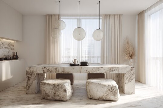 Modern marble dining set with sculptural stone stools and glass pendant lights.