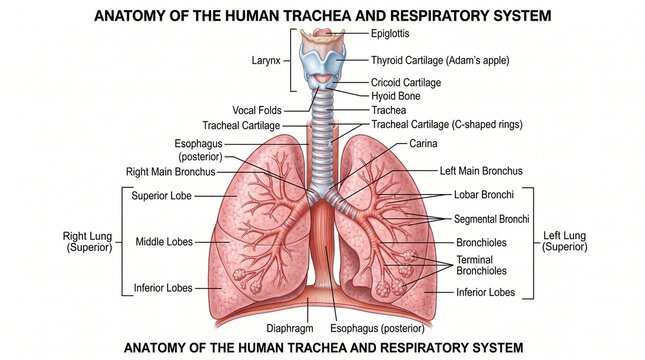 Anatomy of the human trachea and respiratory system, medical diagram of lungs and larynx with labels, educational biological illustration