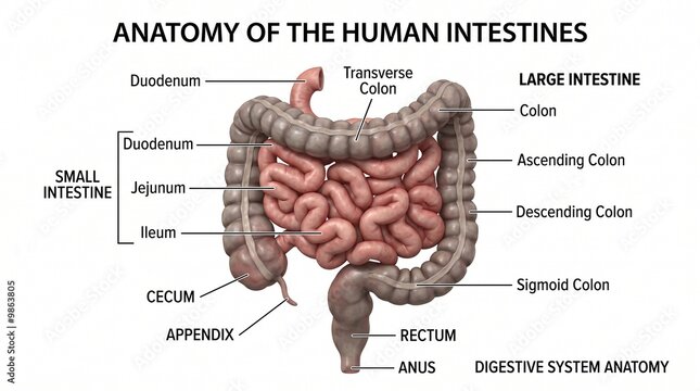 Anatomy of the human intestines diagram, medical illustration of digestive system with labels, large and small intestine biological chart