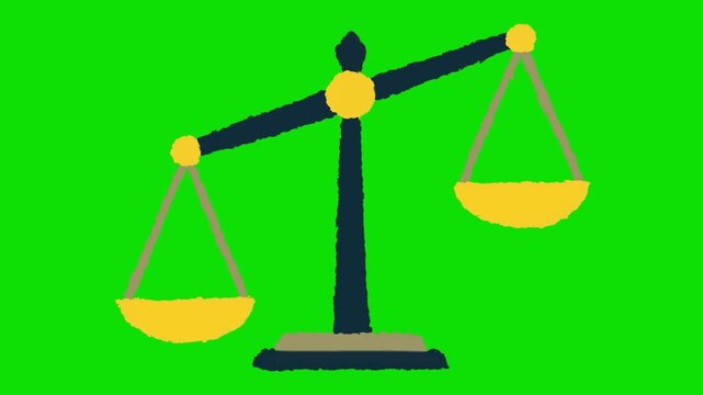 An illustration depicts a balance scale with two yellow bowls on a green backgroun. Day for International Justice.