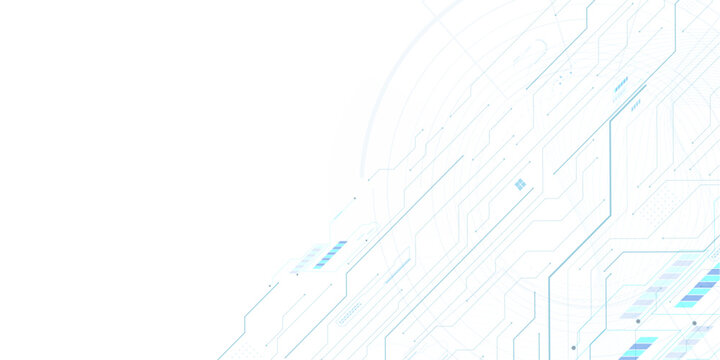 Abstract digital circuit board pattern with blue and cyan lines and dots on a white background technology