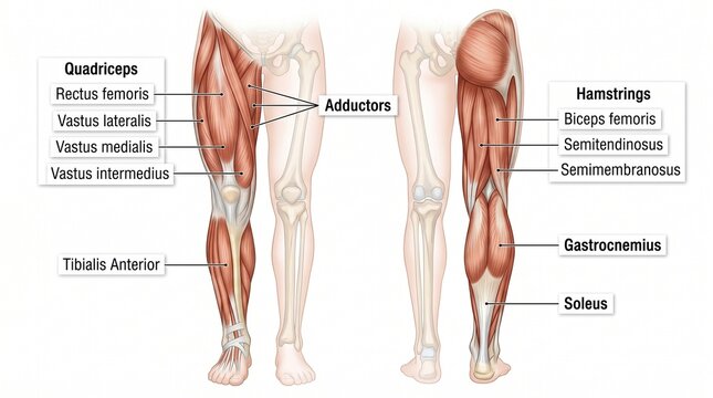 Anatomical human leg muscle diagram, labeled quadriceps and hamstrings medical illustration, anterior and posterior views of lower limb musculature