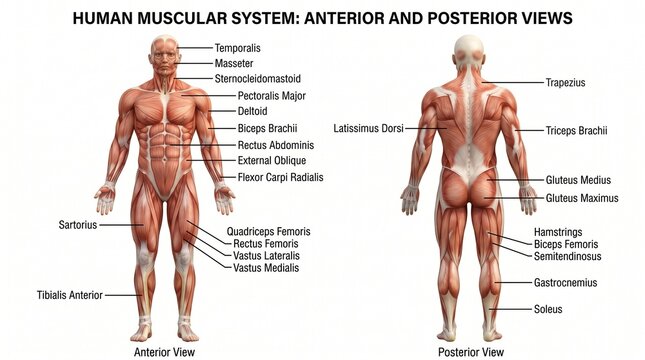 Human muscular system anterior and posterior views, medical anatomy chart with muscle labels, male body musculature diagram for education
