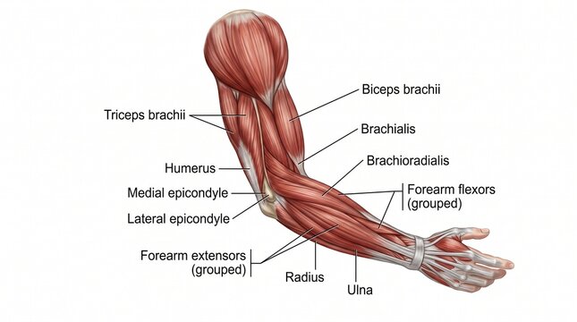 Human arm muscle anatomy diagram, medical illustration of biceps and triceps with labels, anatomical structure of forearm and humerus on white background