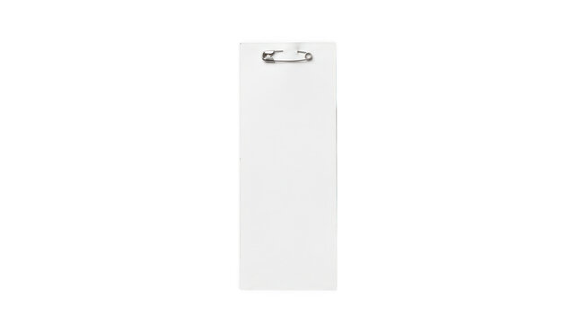 Blank white paper tag with a metal safety pin isolated on transparent background