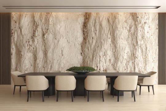 Modern dining room features a textured stone accent wall behind a table and chairs.