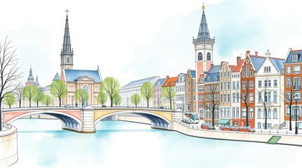 Obraz premium Cityscape illustration depicts a historic European town with a stone bridge arching over a calm river surrounded by classic townhouses and tall church spires under a bright sky with copy space.