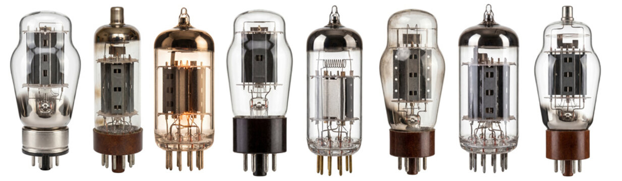 Collection of vintage vacuum tubes isolated on white background.