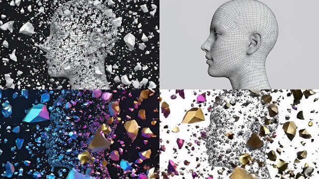 Abstract Human Head and Body Made of Shattered Pieces Representing AI and Technology.