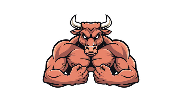 Muscular bull mascot character flexing arms for sports team logo.