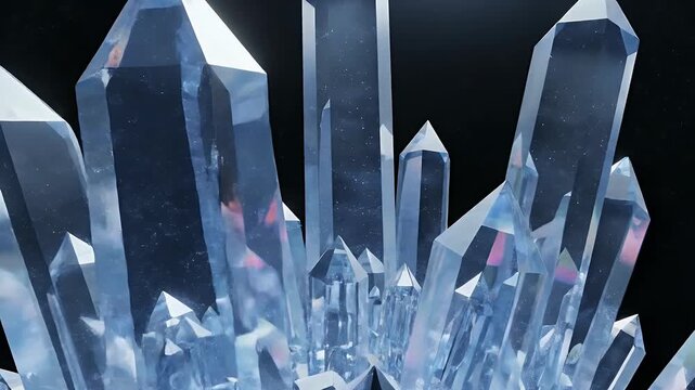 Close-up of a cluster of clear, sharp quartz crystals with a dark background, showcasing their intricate facets and reflective surfaces.