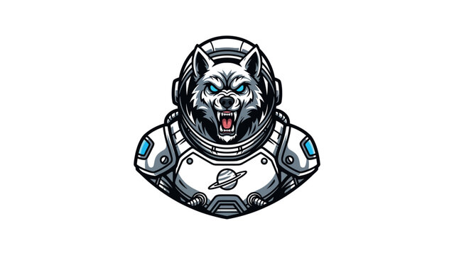 Aggressive wolf astronaut wearing a futuristic space suit with a planet emblem.