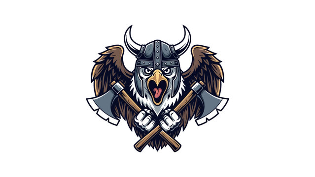 Fierce eagle warrior mascot wearing a viking helmet holding crossed battle axes.