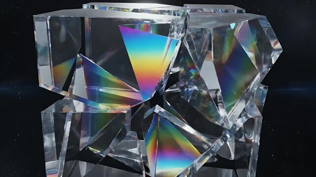Abstract crystal cube with light dispersion and refraction on black background.