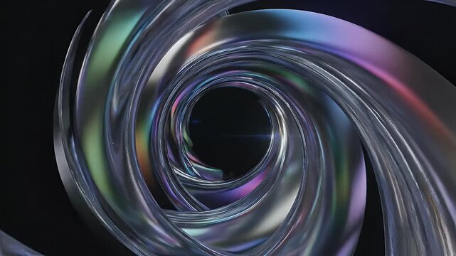 Abstract 3D Rendered Chrome and Iridescent Swirls Tunnel Loop Background.