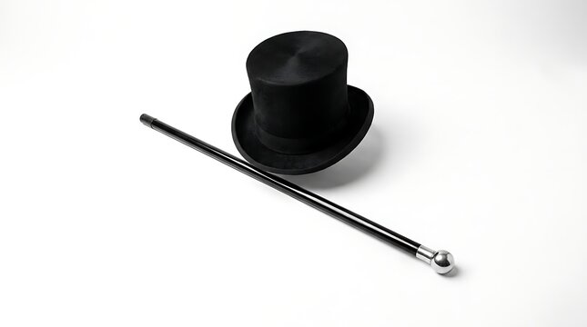 Black top hat and silver tipped walking stick on a white surface with accessory