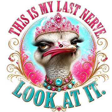 . The ostrich is wearing a bedazzled, sparkling pink tiara.