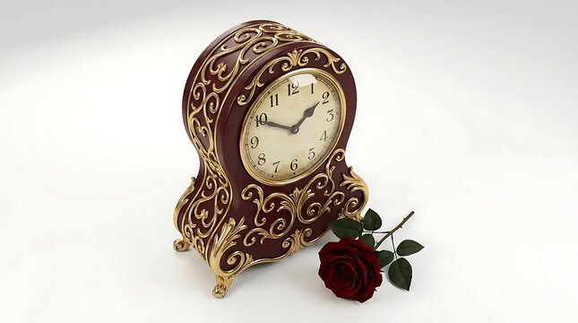 Antique ornate burgundy and gold table clock with a single red rose, burgundy