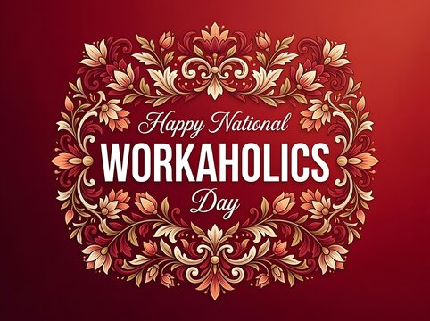 Beautiful decorative floral frame with happy national workaholics day greeting card design template