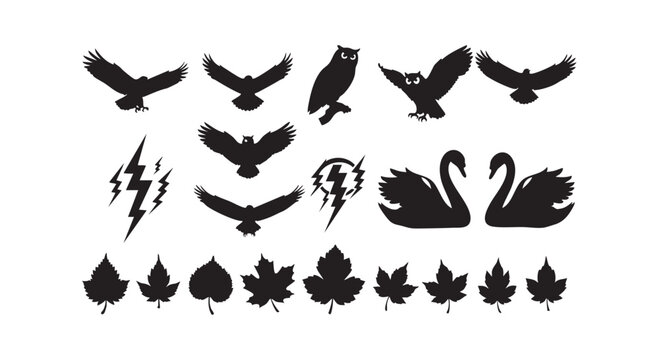 Graphic set of eagle silhouettes lightning bolt icons and autumnal leaf shapes in simple black vector style.