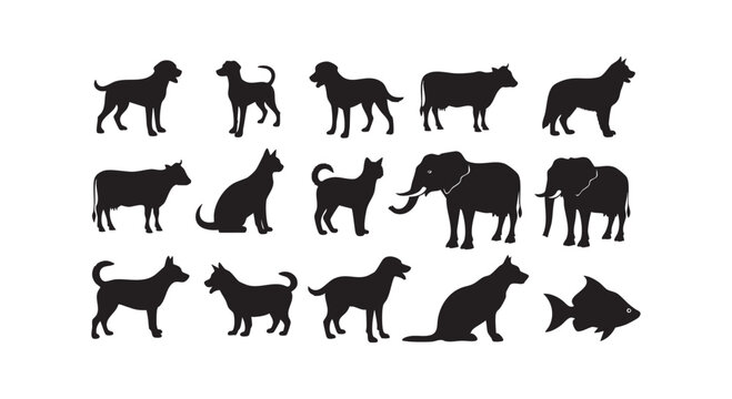 Group of animal silhouettes dogs cows cats elephants and fish for zoo farm and ocean themed graphic design projects.
