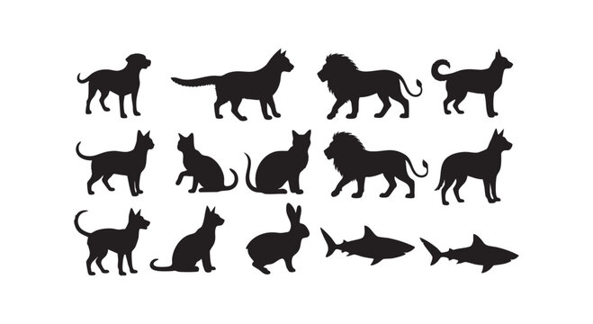Group of animal silhouettes featuring dogs, cats, lions, rabbits, and sharks on a clean white background.