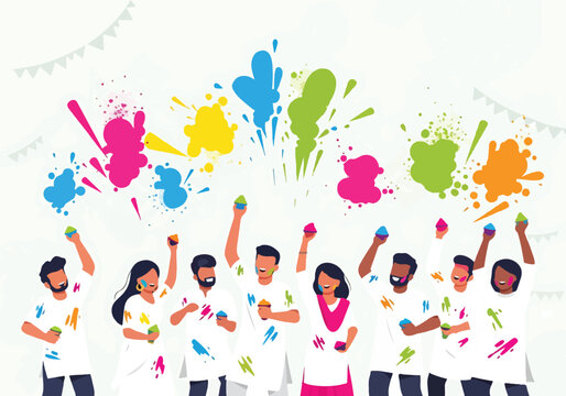 A vibrant illustration of people celebrating with colorful paint