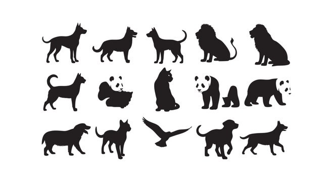 Group of diverse animal silhouettes including dogs lions pandas and cats on white background.