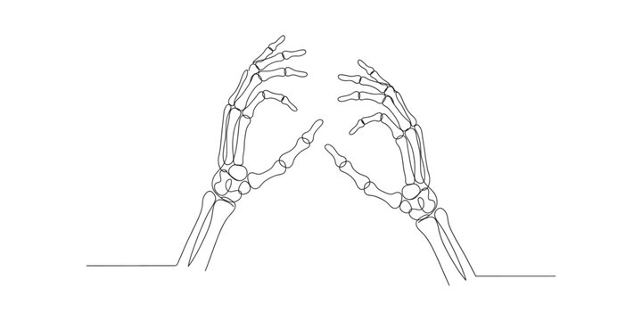 A line drawing of two human skeleton hands reaching up towards each other on a white background
