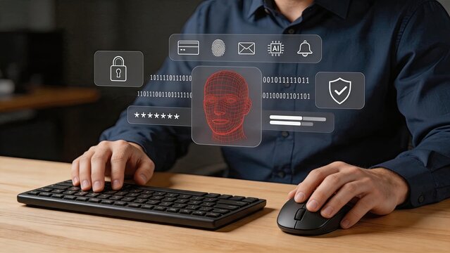 Cyber security concept with biometric face scan authentication on computer screen, user typing password and using mouse for secure login