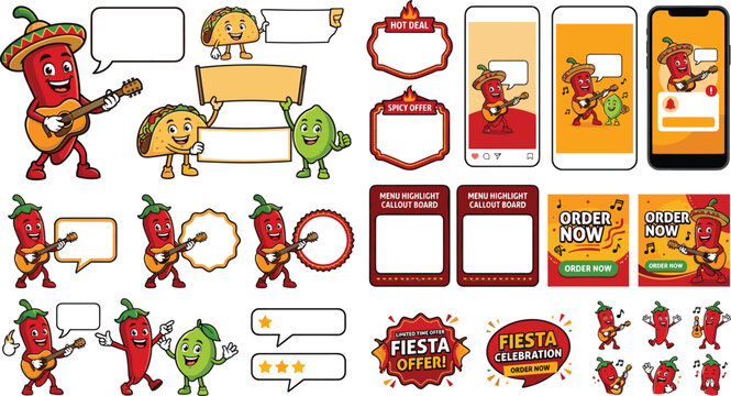 Mexican food cartoon character mascot kit with chili pepper taco and lime templates for restaurant marketing promotion vector illustration