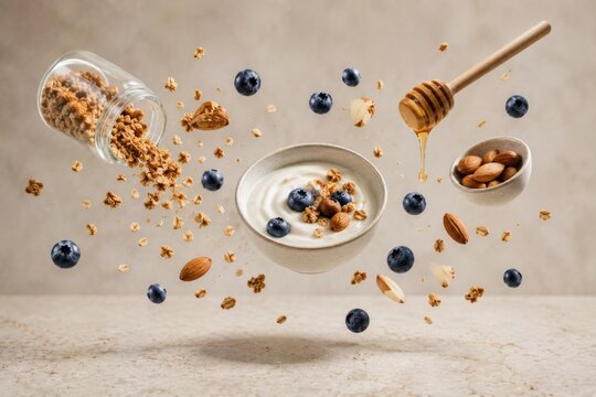 Floating yogurt bowl with granola, blueberries, almonds and honey in a healthy breakfast composition.