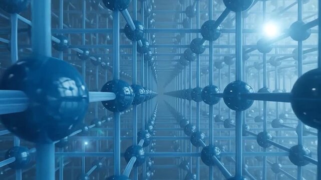 Futuristic blue spheres and connecting rods form an abstract tunnel of data.
