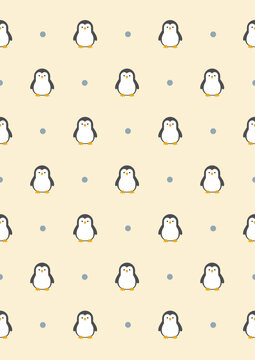 Cute penguin seamless pattern with polka dots on light yellow background. Vector illustration of adorable baby penguins backdrop for textile, wallpaper, and fabric design.
